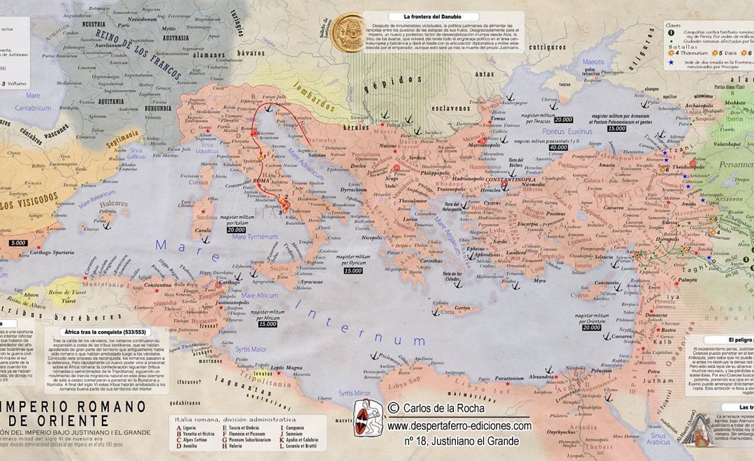 En DESPERTA FERRO ANTIGUA Y MEDIEVAL nº18: JUSTINIANO I EL GRANDE podrás encontrar: TRÍPTICO EL IMPERIO ROMANO DE ORIENTE, por Carlos de la Rocha.
