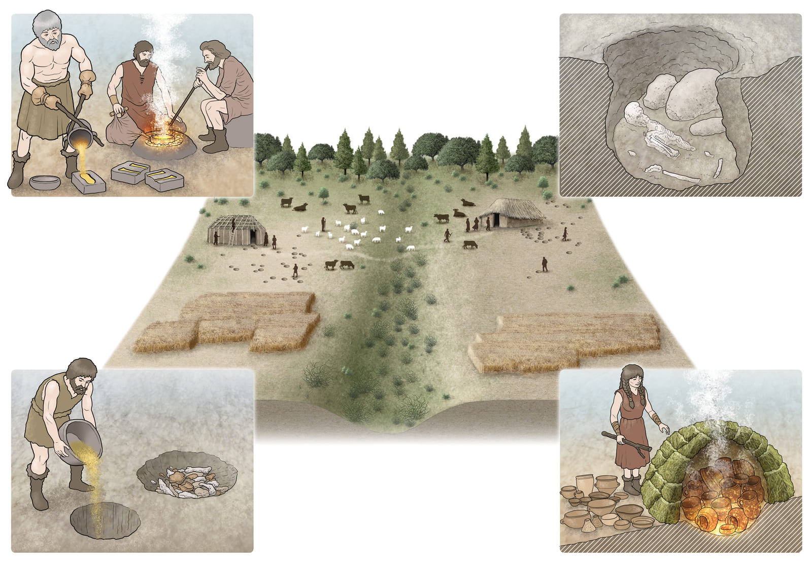 Ambientación del yacimiento de La Celada en función de las evidencias arqueológicas documentadas en los trabajos de excavación. Ilustración de: Francisco Tapias López (Universidad de Valladolid).