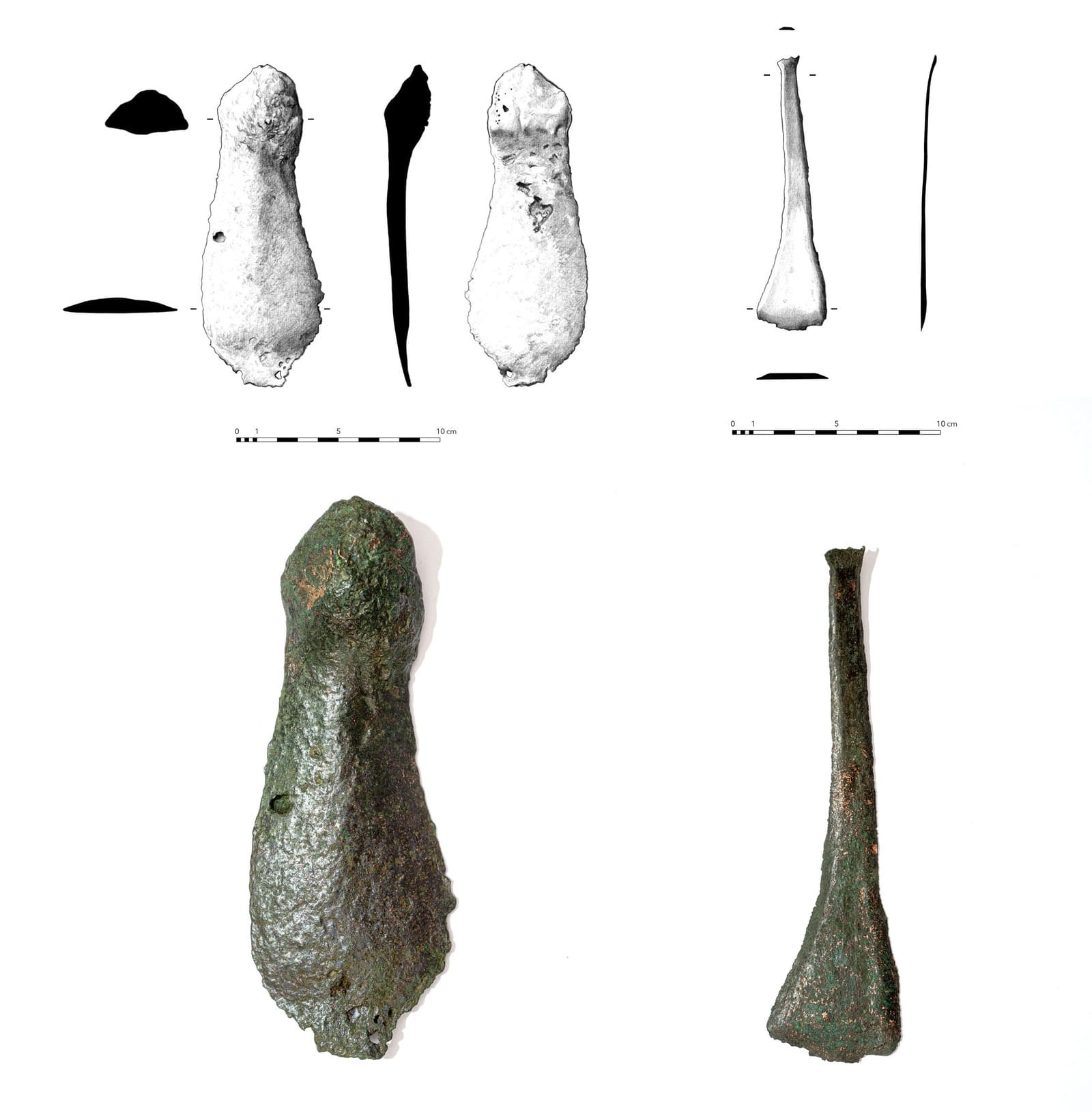 Fig. 3: Arriba izquierda, dibujo con perfil y secciones de un lingote en huella de pie. Abajo, fotografía; arriba derecha, dibujo con perfil y sección de un lingote en forma de placa trapezoidal alargada muy fina. Abajo, fotografía. Dibujos de: Iñaqui Diéguez.